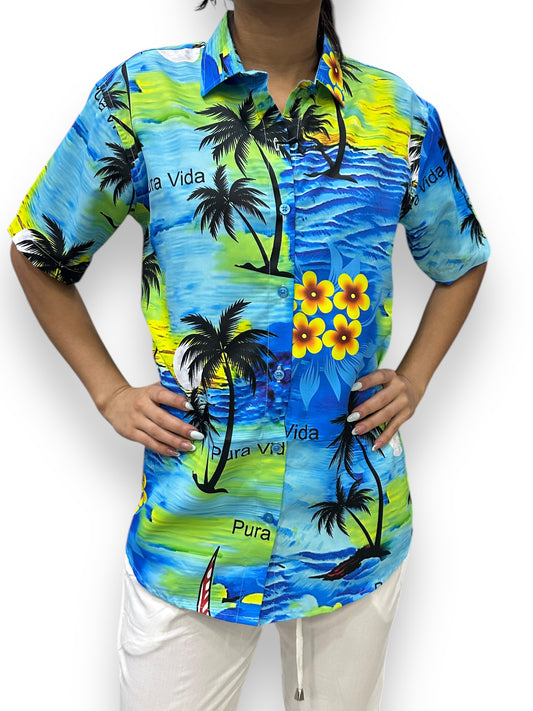 Camisa Hawaiana Playera Caribeña de Dama Estampado Palmeras Pura Vida