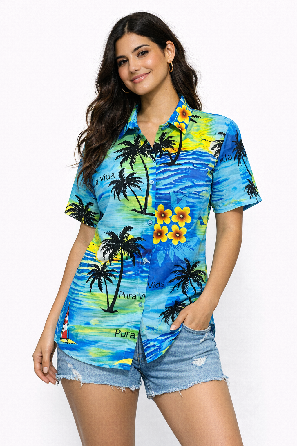 Camisa Hawaiana Playera Caribeña de Dama Estampado Palmeras Pura Vida
