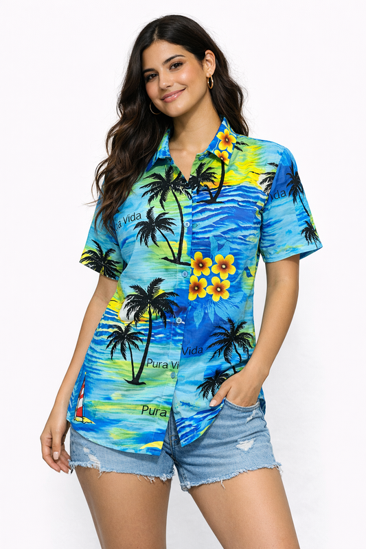 Camisa Hawaiana Playera Caribeña de Dama Estampado Palmeras Pura Vida