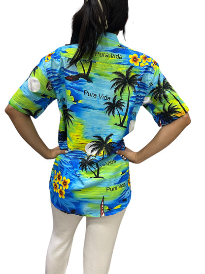 Camisa Hawaiana Playera Caribeña de Dama Estampado Palmeras Pura Vida