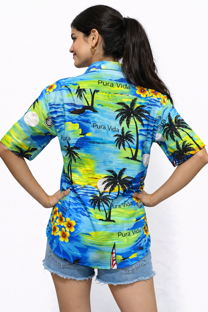 Camisa Hawaiana Playera Caribeña de Dama Estampado Palmeras Pura Vida