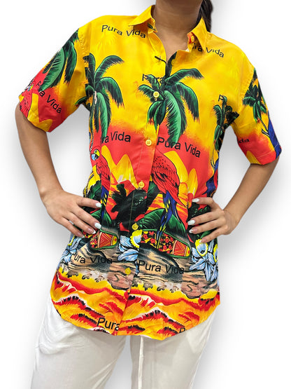 Camisa Hawaiana Playera Caribeña de Dama Estampado Palmeras Pura Vida