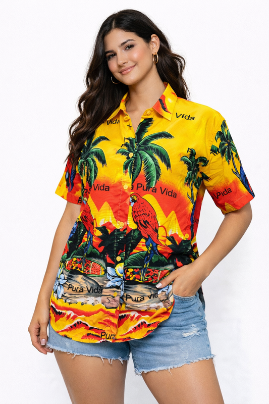 Camisa Hawaiana Playera Caribeña de Dama Estampado Palmeras Pura Vida