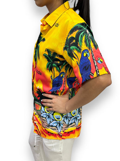 Camisa Hawaiana Playera Caribeña de Dama Estampado Palmeras Pura Vida
