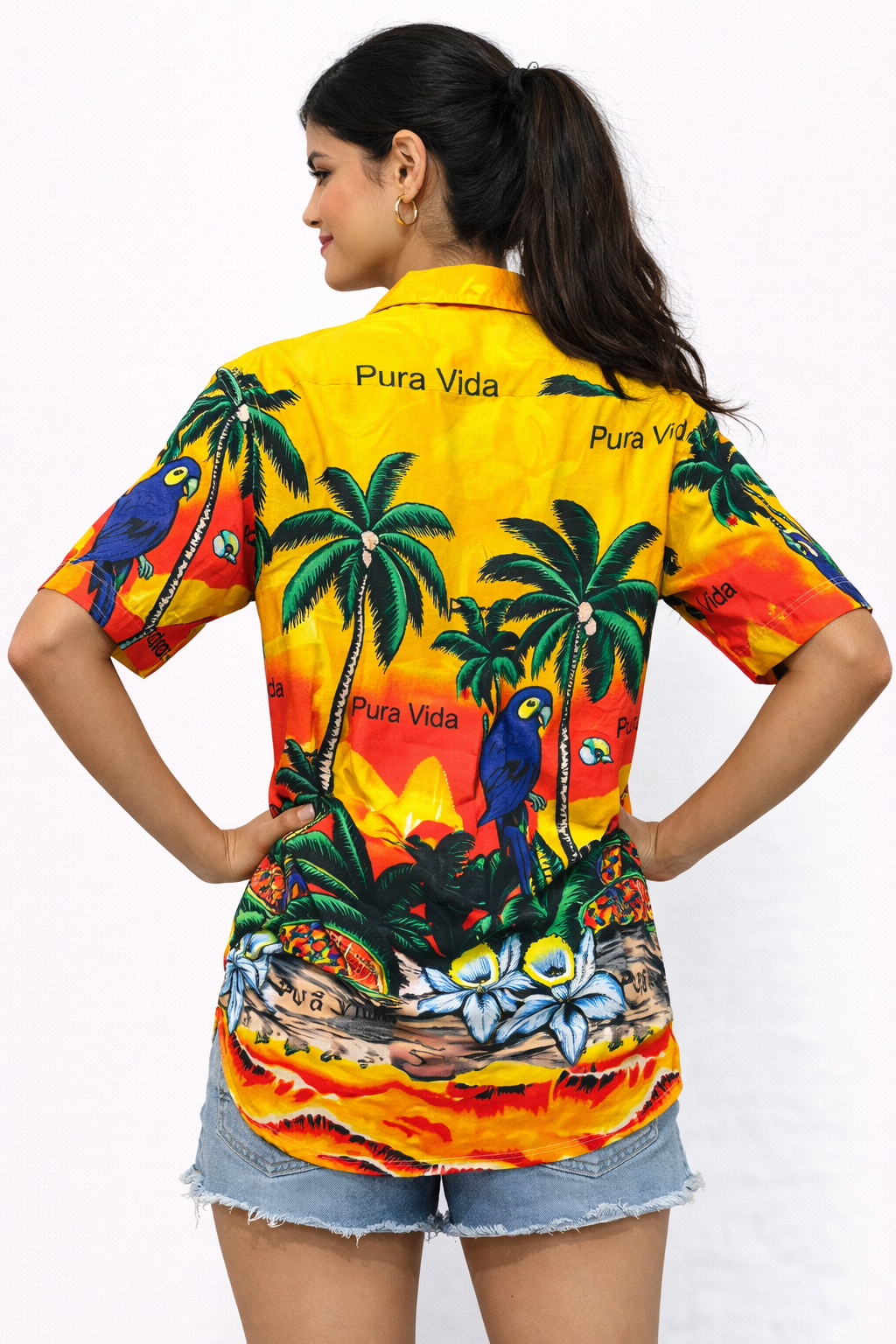 Women's Caribbean Beach Hawaiian Shirt with Palm Tree Print - Pura Vida