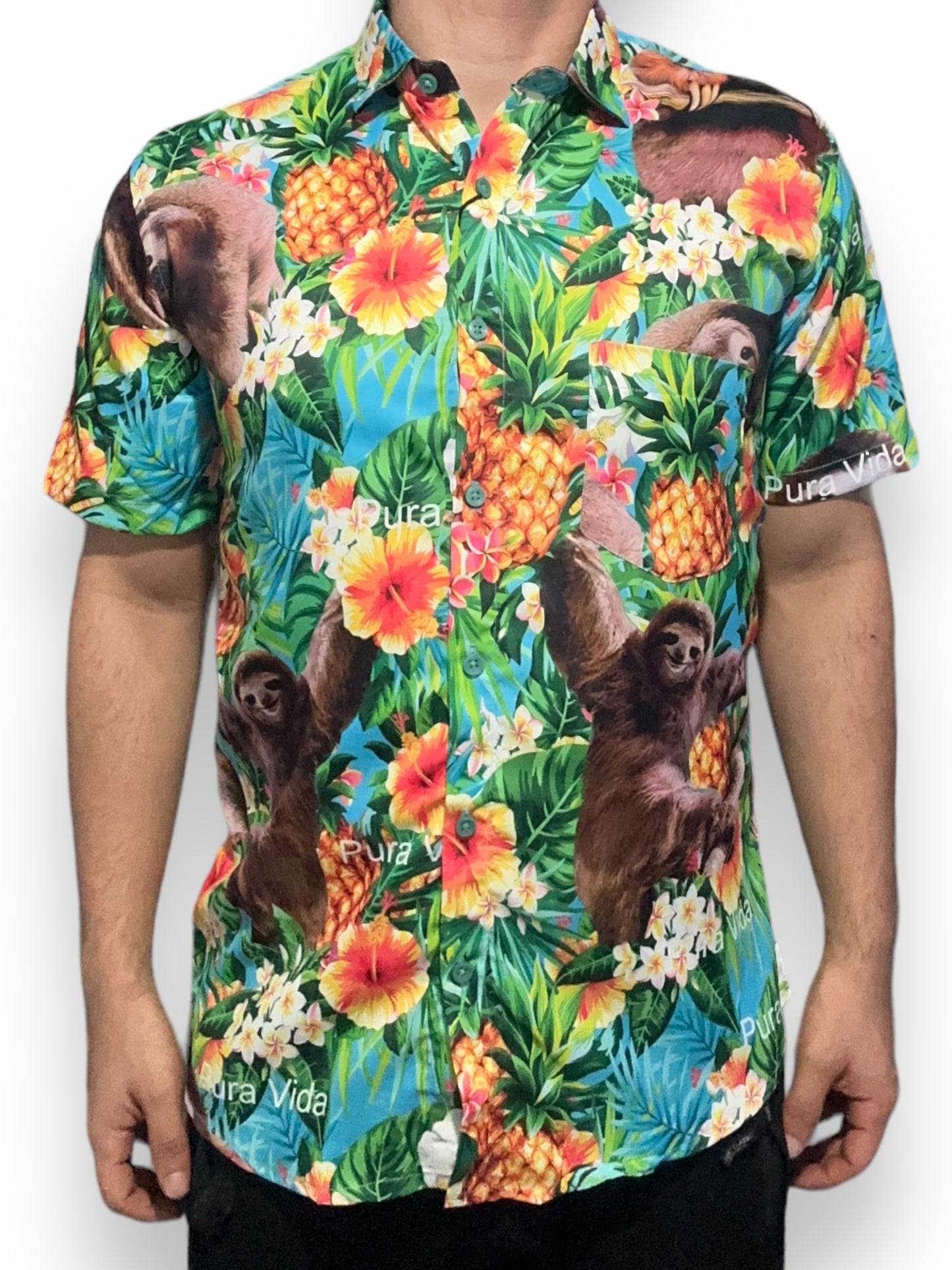 Camisa Hawaiana Playera Caribeña de Caballero Oso Perezoso Pura Vida