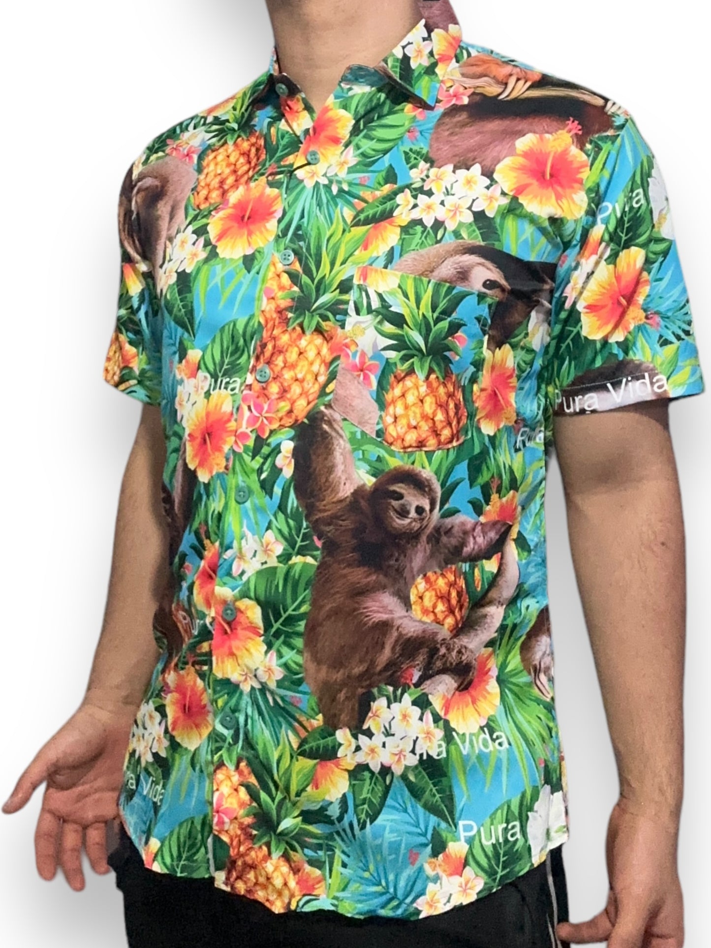 Camisa Hawaiana Playera Caribeña de Caballero Oso Perezoso Pura Vida