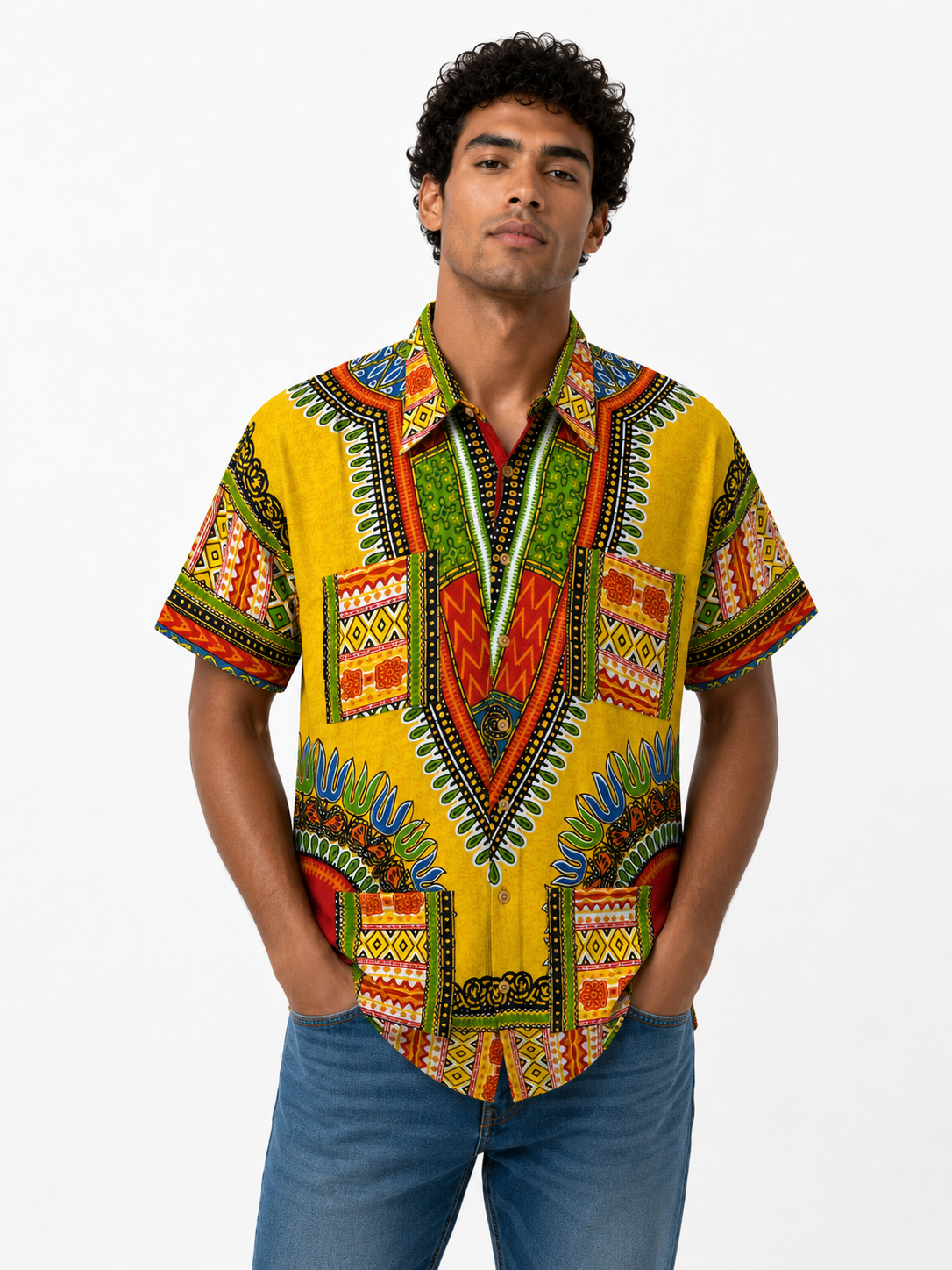 Men's Green Afro-Caribbean Print Button-Up Shirt