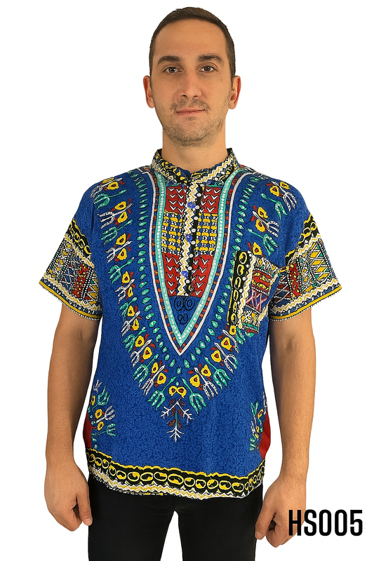 Camisa de Hombre de Botones con Estampado Afrocaribeño Azul