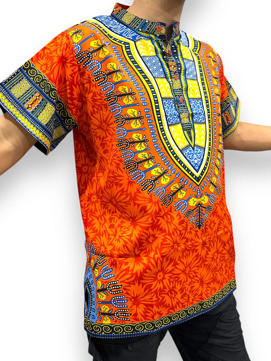 Camisa de Hombre de Botones con Estampado Afrocaribeño Naranja