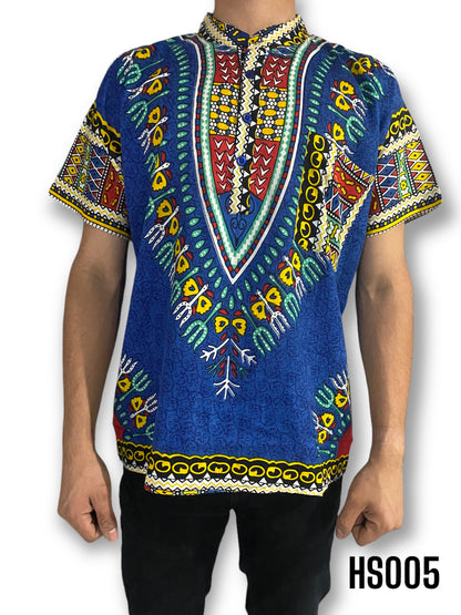 Camisa de Hombre de Botones con Estampado Afrocaribeño Azul