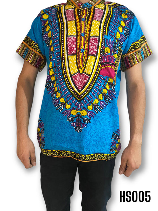 Camisa de Hombre de Botones con Estampado Afrocaribeño Azul