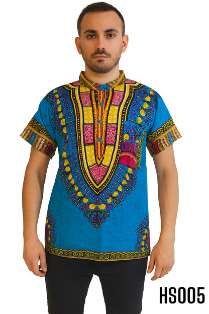 Camisa de Hombre de Botones Cuello Chino Estampado Afrocaribeño Azul