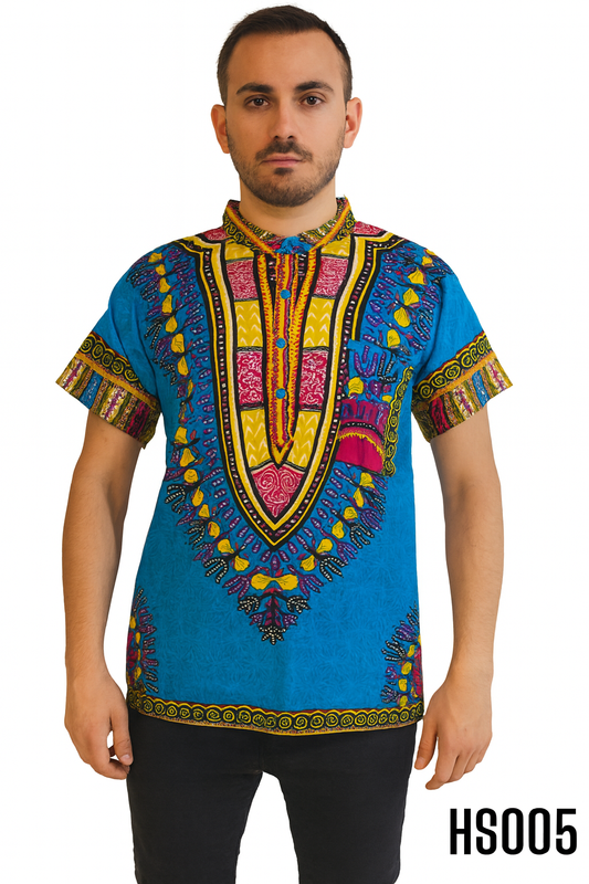 Camisa de Hombre de Botones Cuello Chino Estampado Afrocaribeño Azul