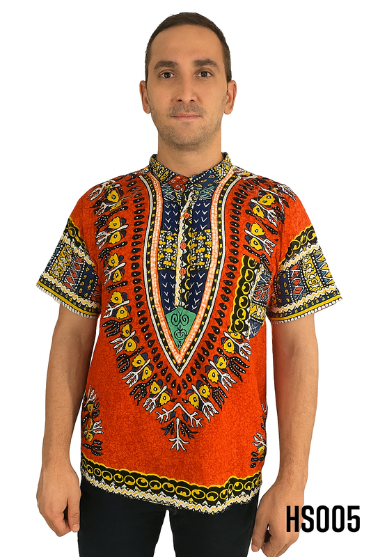 Camisa de Hombre de Botones con Estampado Afrocaribeño Naranja