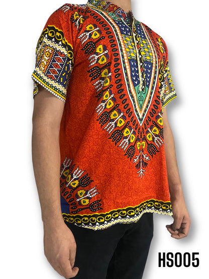 Camisa de Hombre de Botones con Estampado Afrocaribeño Naranja