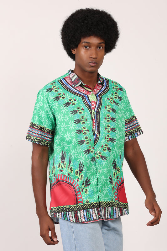 Camisa de Hombre Afrocaribeño Verde de Botones HS402