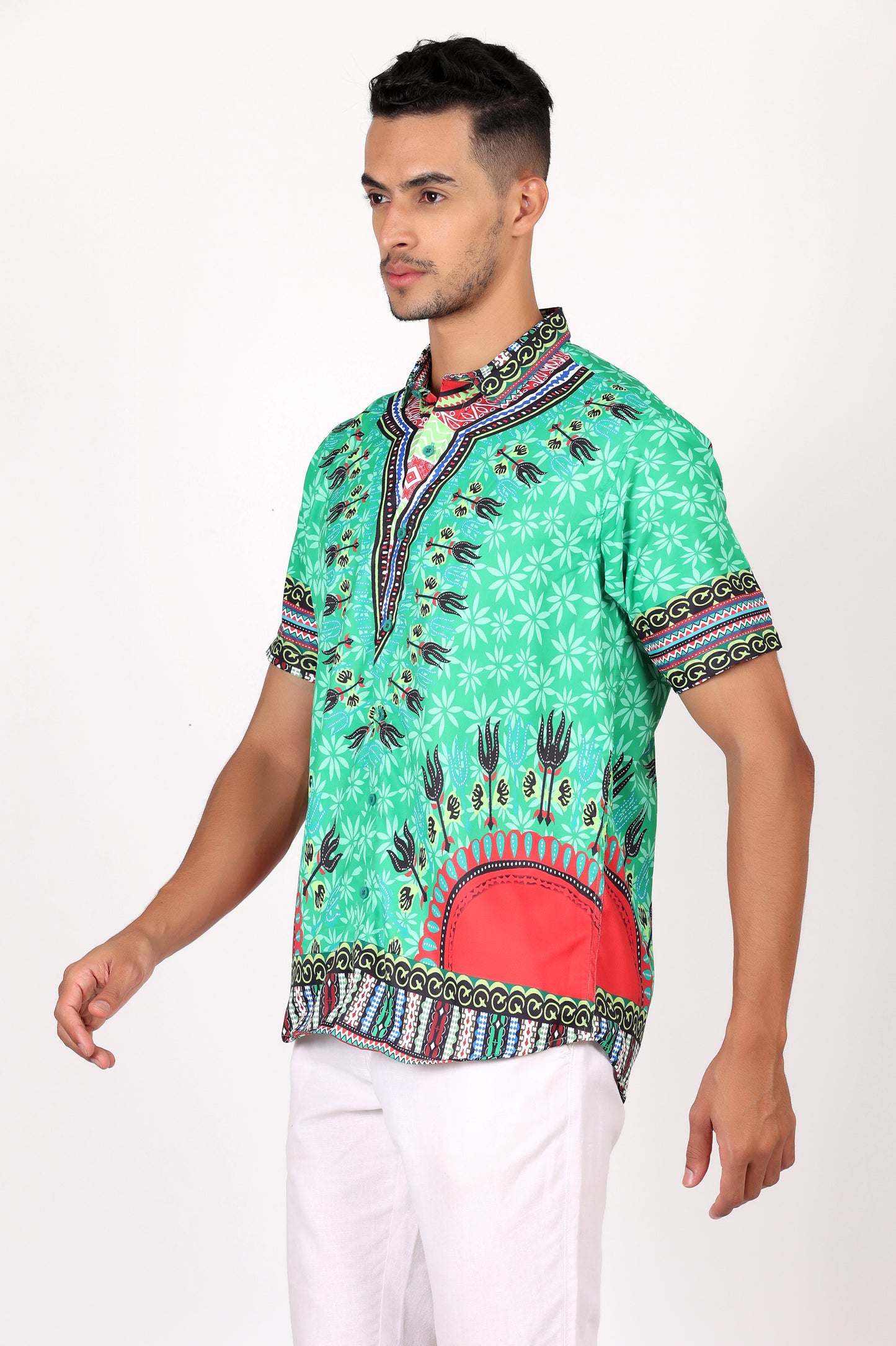 Camisa de Hombre Afrocaribeño Verde de Botones HS402