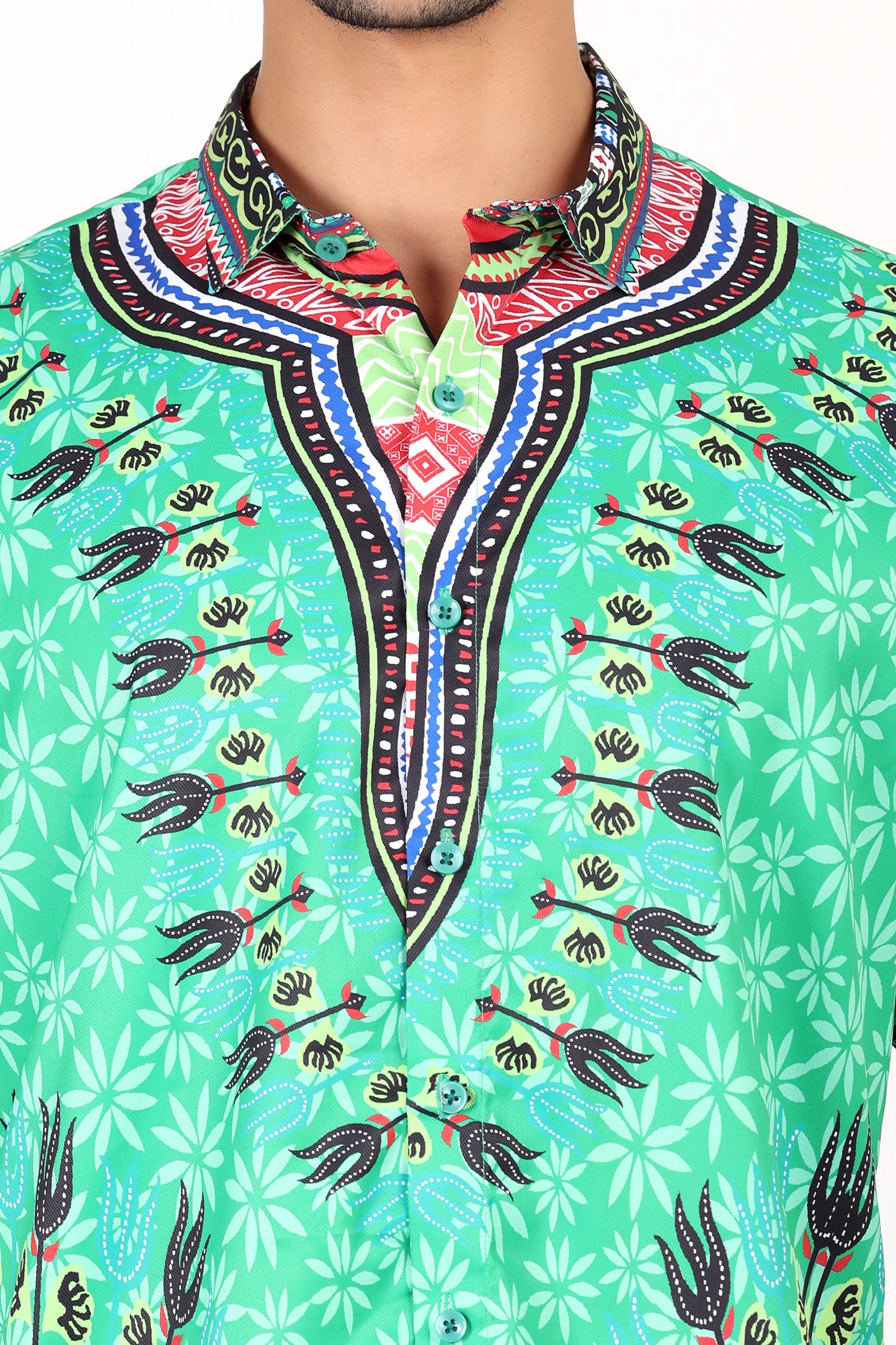 Camisa de Hombre Afrocaribeño Verde de Botones HS402
