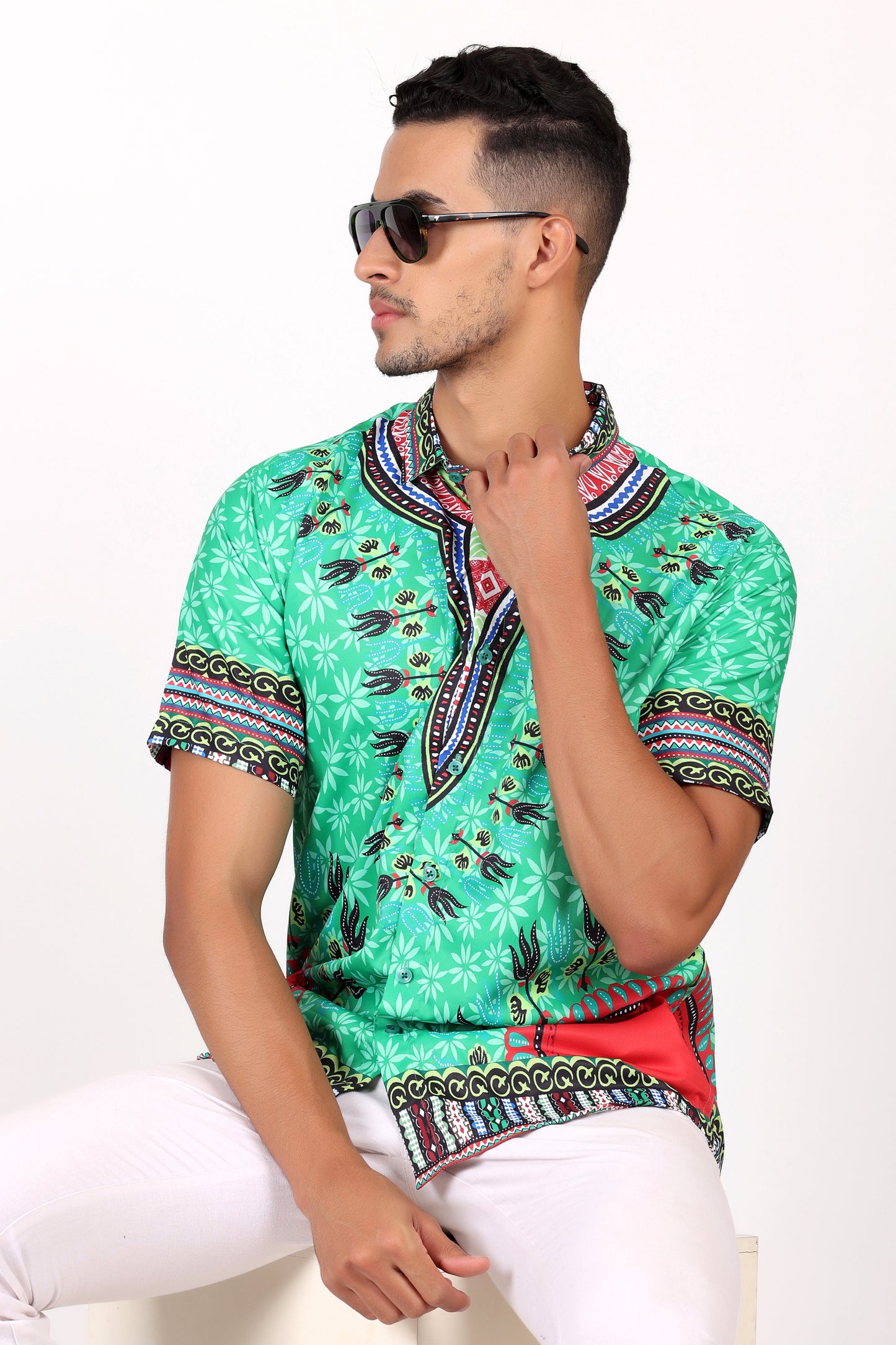 Camisa de Hombre Afrocaribeño Verde de Botones HS402