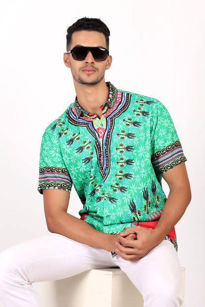 Camisa de Hombre Afrocaribeño Verde de Botones HS402