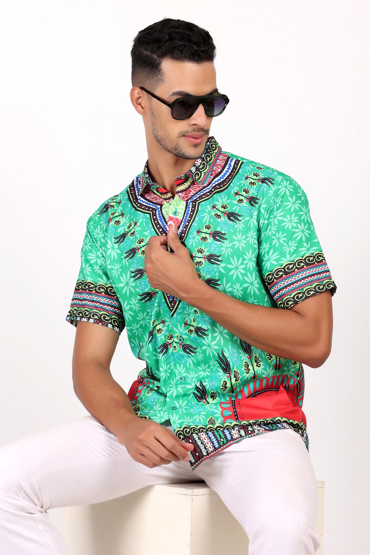 Camisa de Hombre Afrocaribeño Verde de Botones HS402
