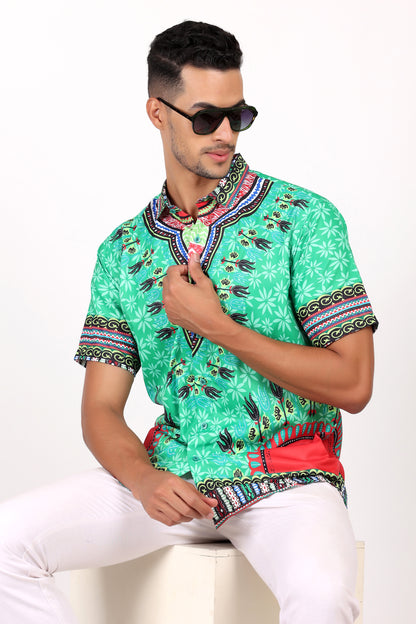 Camisa de Hombre Afrocaribeño Verde de Botones HS402
