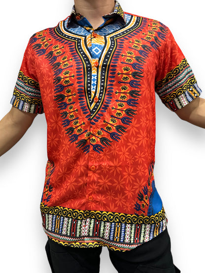 Camisa de Hombre de Botones con Estampado Afrocaribeño Naranja