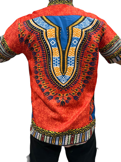 Camisa de Hombre de Botones con Estampado Afrocaribeño Naranja