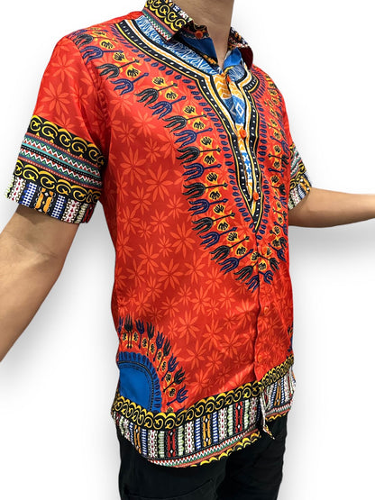 Camisa de Hombre de Botones con Estampado Afrocaribeño Naranja