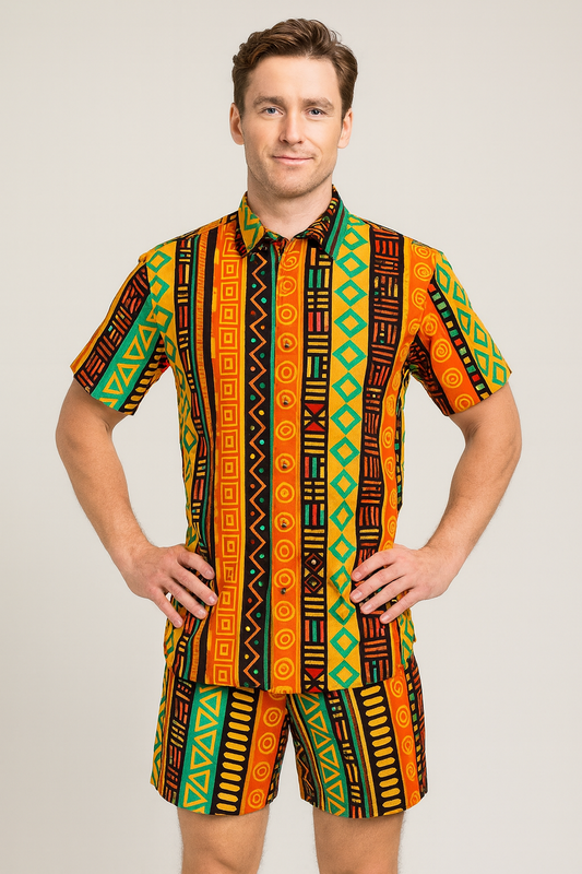 Set Conjunto Traje Afrodescendiente de 2 Piezas para Hombre (Camisa + Short) Afrocaribeño