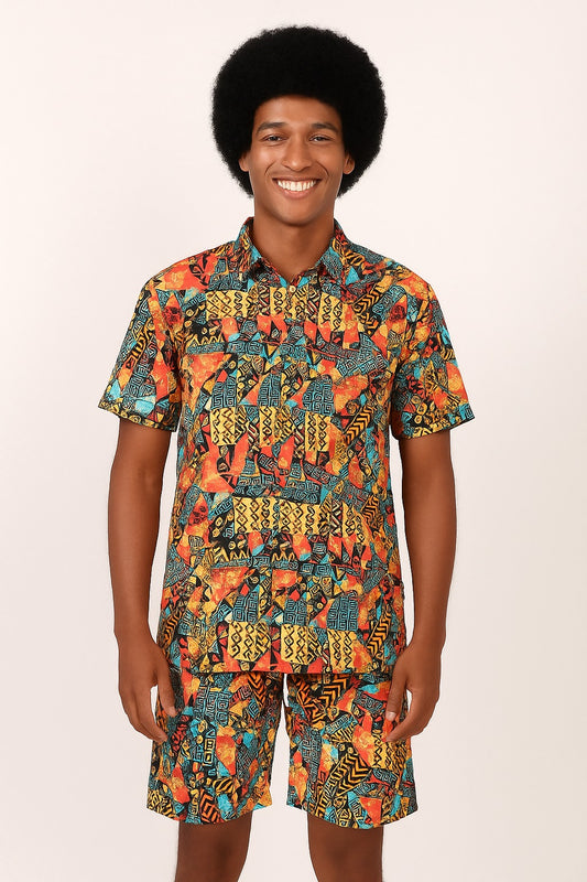 Set Conjunto Traje Afrodescendiente de 2 Piezas para Hombre (Camisa + Short) Afrocaribeño