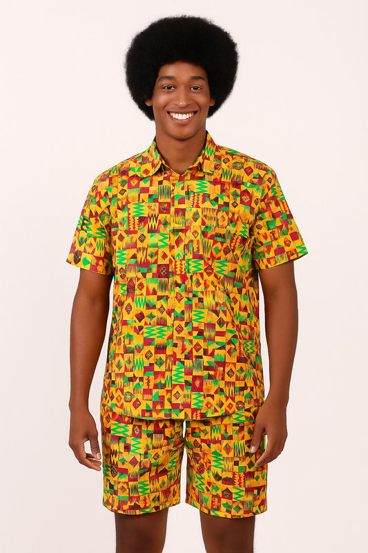 Set Conjunto Traje Afrodescendiente de 2 Piezas para Hombre (Camisa + Short) Afrocaribeño