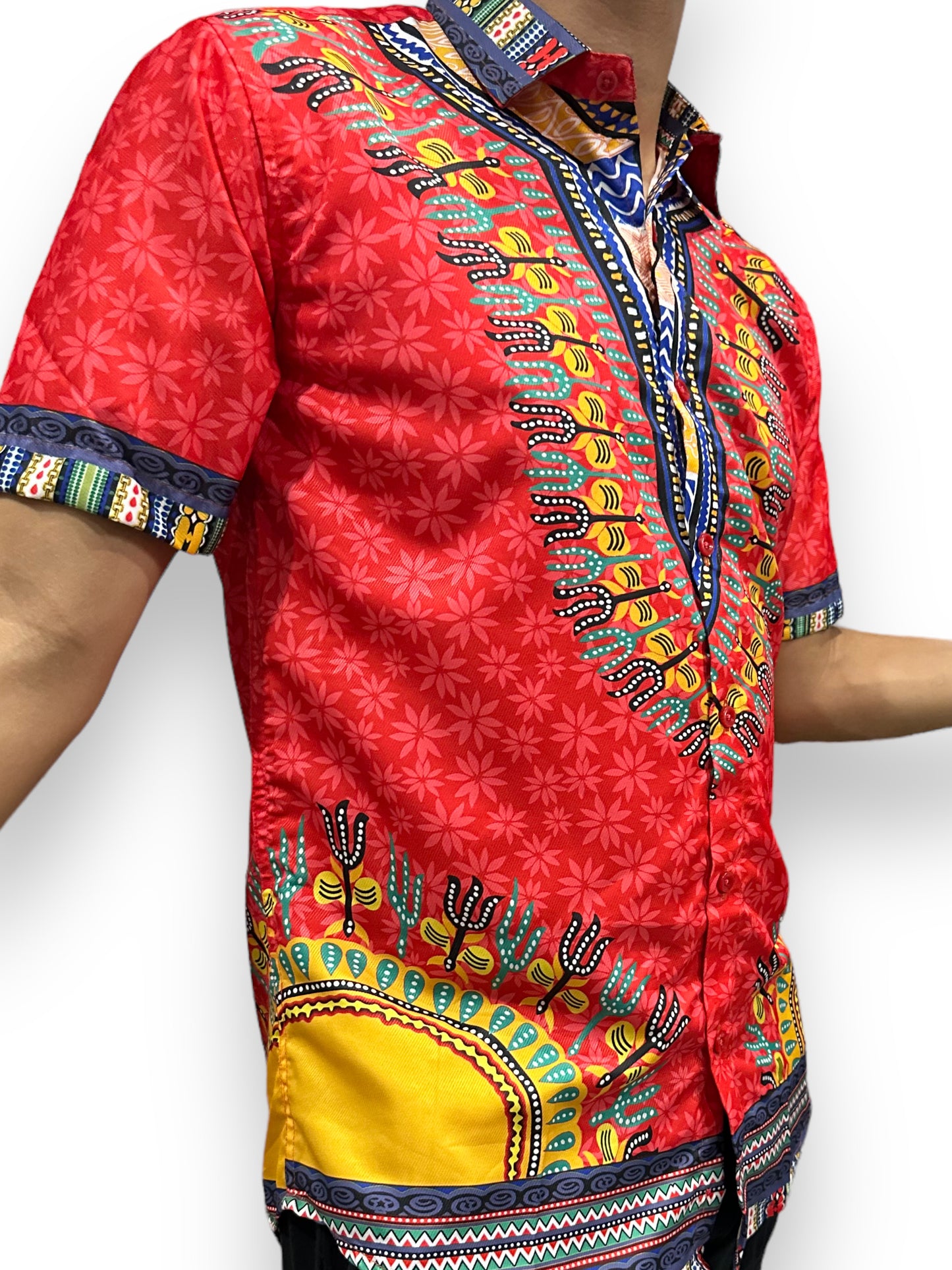 Camisa de Hombre de Botones con Estampado Afrocaribeño Rojo