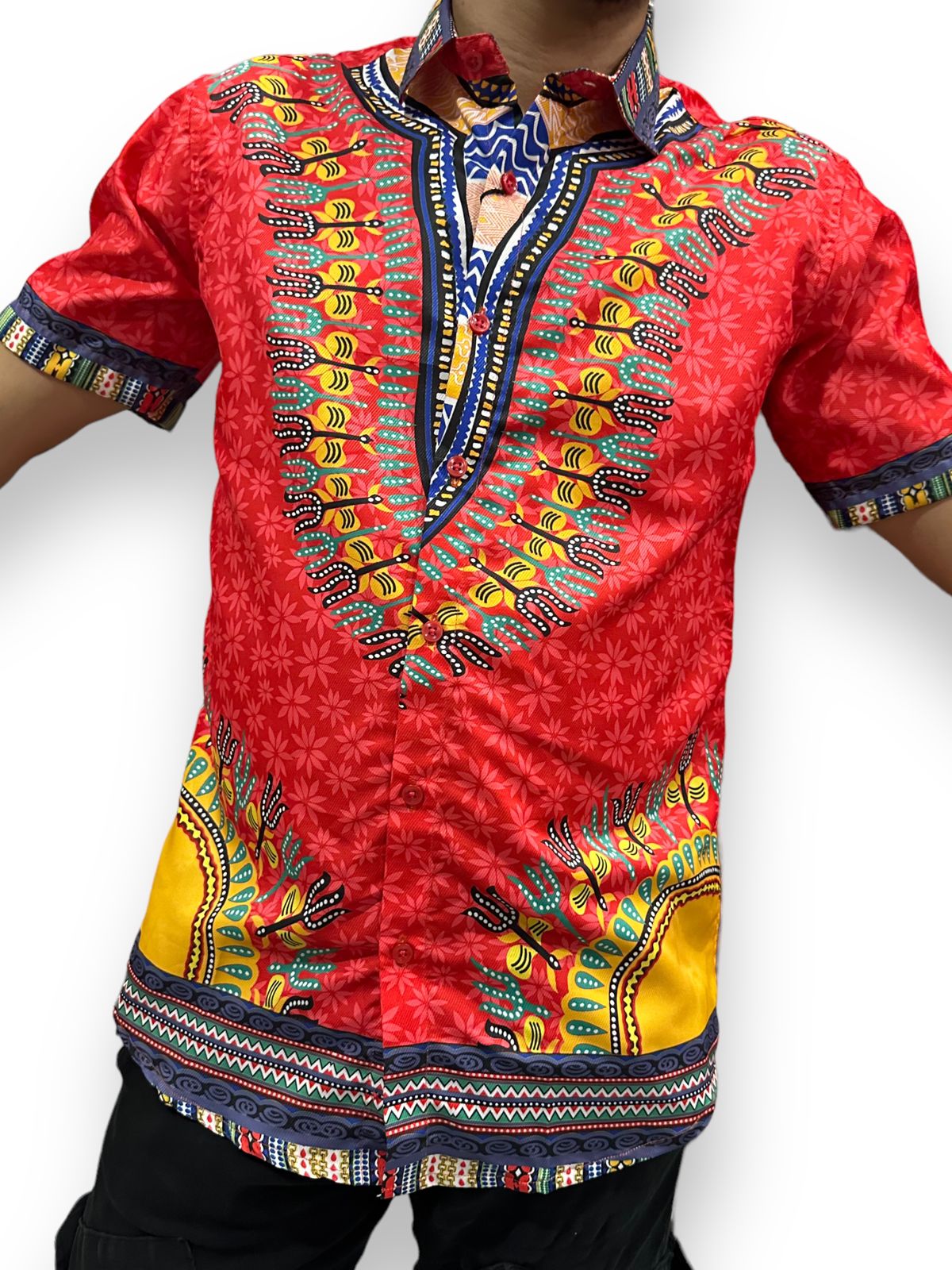 Camisa de Hombre de Botones con Estampado Afrocaribeño Rojo