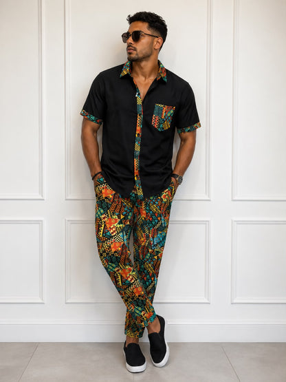 Camisa Negra de Hombre Afrocaribeño de Botones Cuello - Moda Afrodescendiente (Copia)