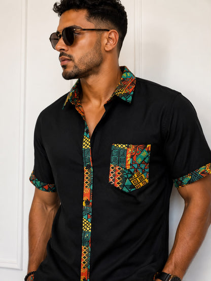 Camisa Negra de Hombre Afrocaribeño de Botones Cuello - Moda Afrodescendiente (Copia)