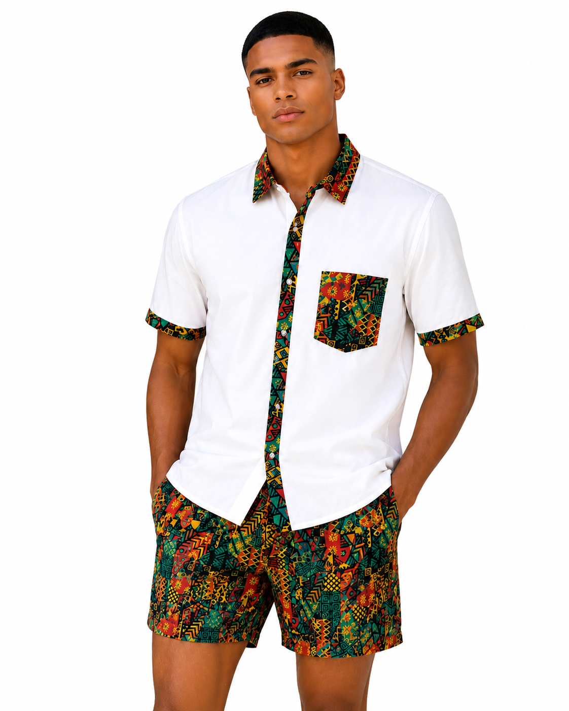 Camisa Blanca de Hombre Afrocaribeño de Botones Cuello - Moda Afrodescendiente