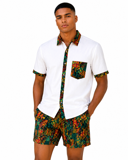 Camisa Blanca de Hombre Afrocaribeño de Botones Cuello - Moda Afrodescendiente