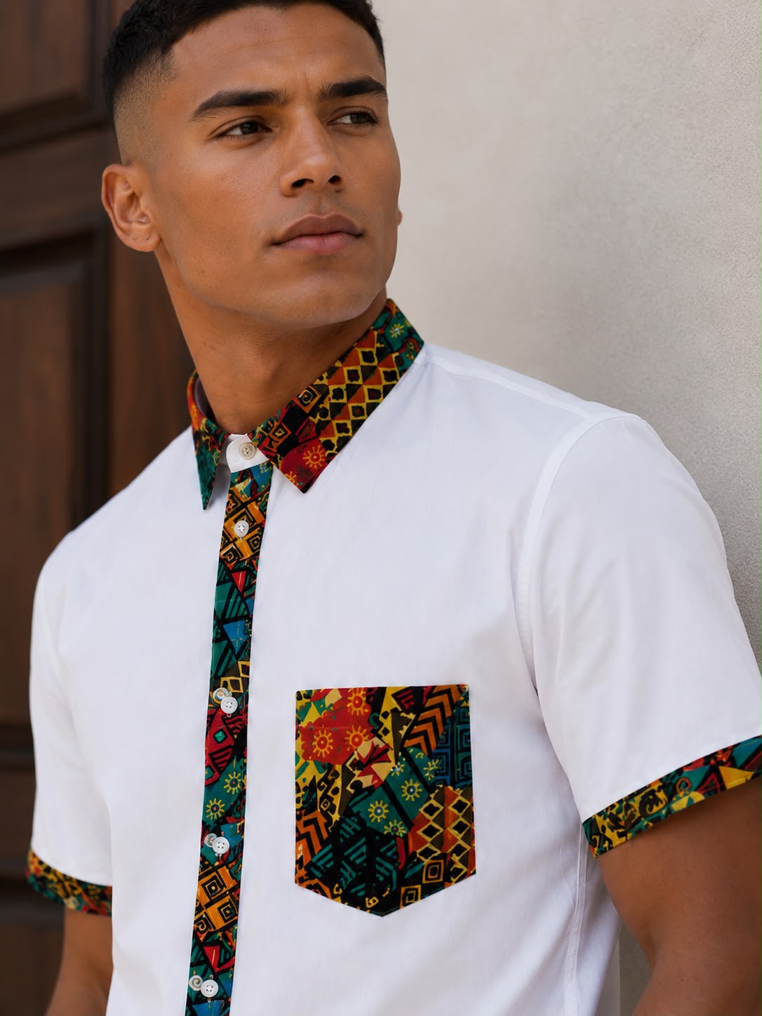 Camisa Blanca de Hombre Afrocaribeño de Botones Cuello - Moda Afrodescendiente