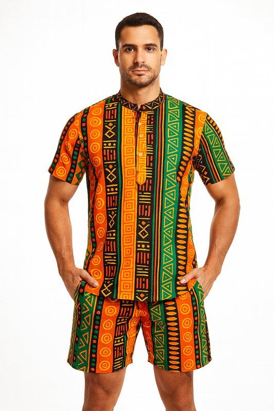 Set Conjunto Traje Afrodescendiente de 2 Piezas para Hombre (Camisa Cuello Chino + Short) Afrocaribeño