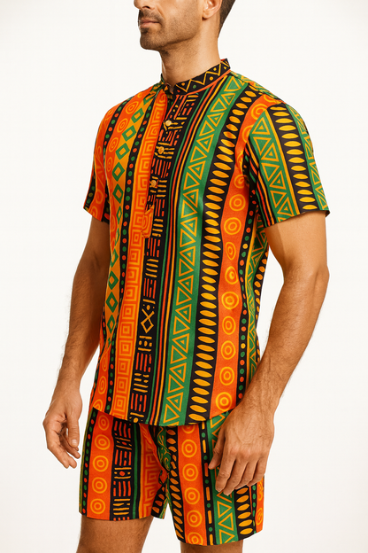 Set Conjunto Traje Afrodescendiente de 2 Piezas para Hombre (Camisa Cuello Chino + Short) Afrocaribeño