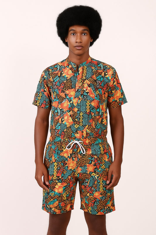 Set Conjunto Traje Afrodescendiente de 2 Piezas para Hombre (Camisa Cuello Chino + Short) Afrocaribeño