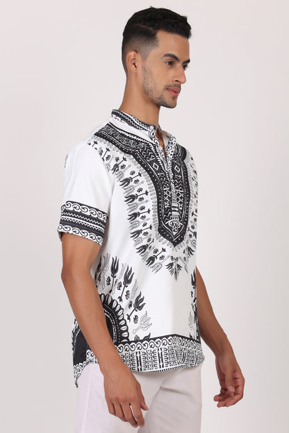 Camisa de Hombre Afrocaribeño Blanco de Botones Cuello Chino HS405