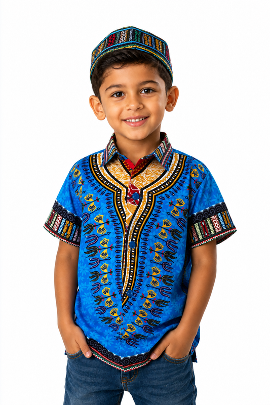 Camisa de Niño de Botones con Estampado Afrocaribeño Azul