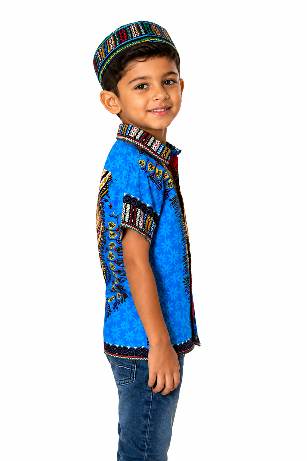 Camisa de Niño de Botones con Estampado Afrocaribeño Azul