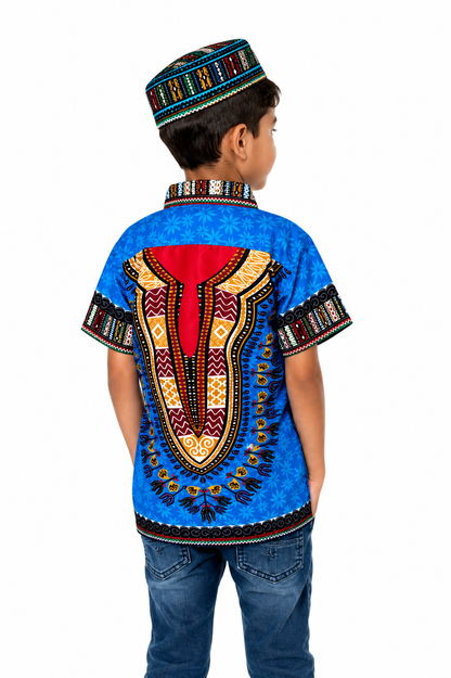 Camisa de Niño de Botones con Estampado Afrocaribeño Azul