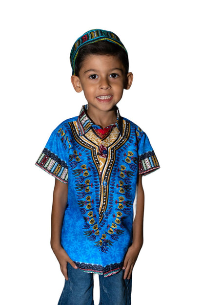 Camisa de Niño de Botones con Estampado Afrocaribeño Azul