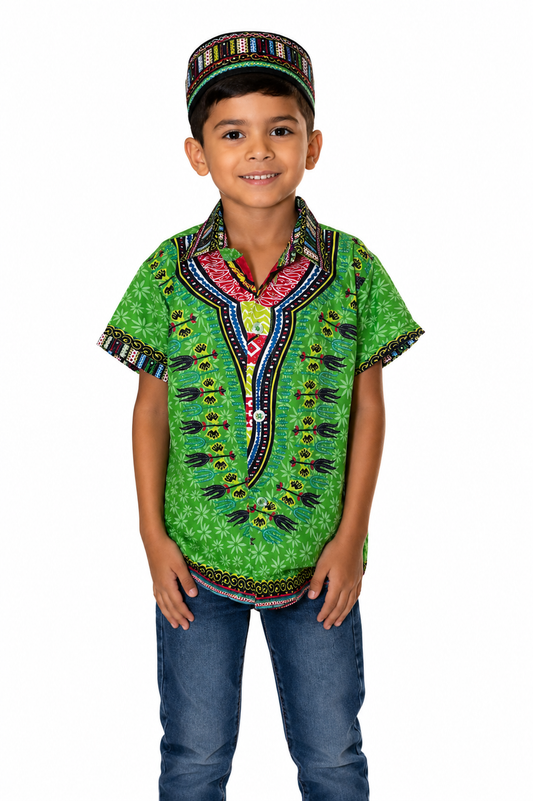 Camisa de Niño de Botones con Estampado Afrocaribeño Verde