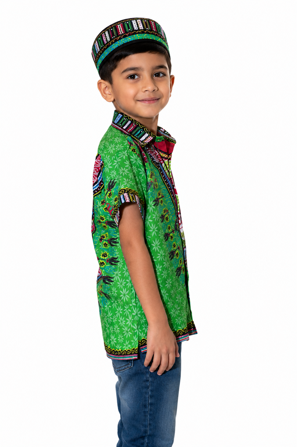 Camisa de Niño de Botones con Estampado Afrocaribeño Verde